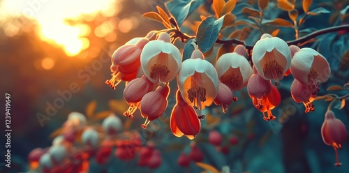 The macro lens brings into view the detailed red veins in the creamy white Enkianthus flower bells, highlighting a mesmerizing detail