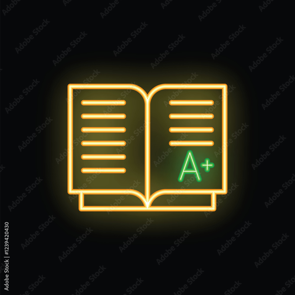 Open book with glowing a plus mark neon sign, concept of excellent education and best student Open book with glowing a plus mark neon sign, concept of excellent education and best student