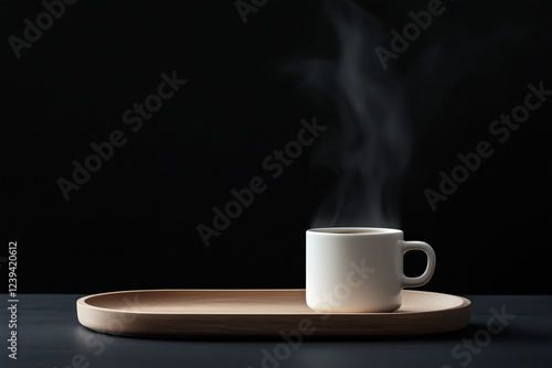 Aromatic white design mug of hot coffee steaming against dark background. photo