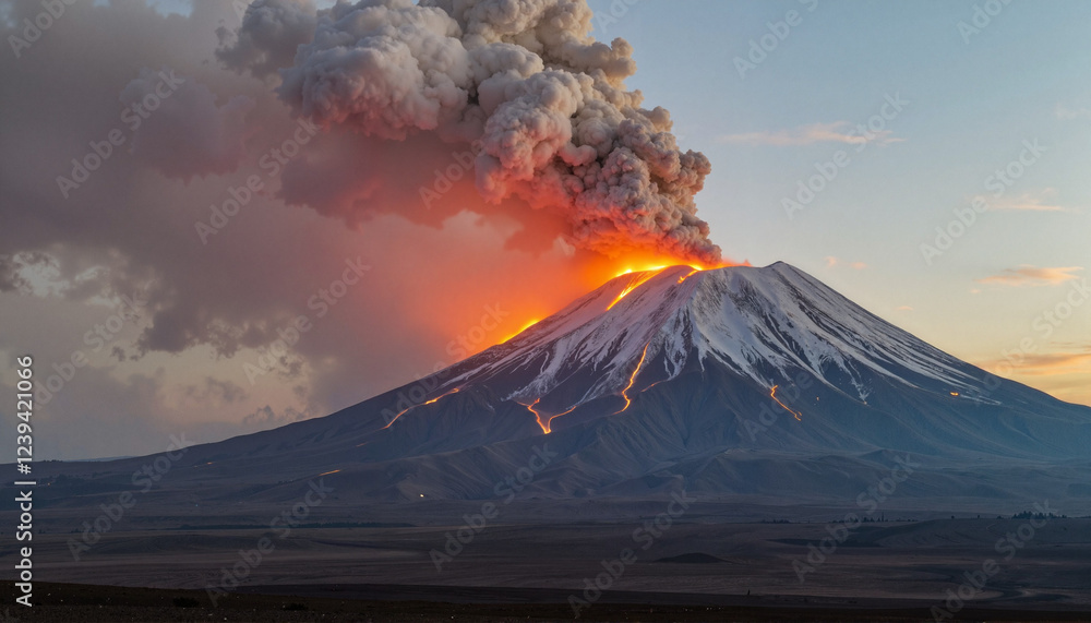Volcanic eruption emitting ash cloud with glowing lava, natural spectacle Volcanic eruption emitting ash cloud with glowing lava, natural spectacle