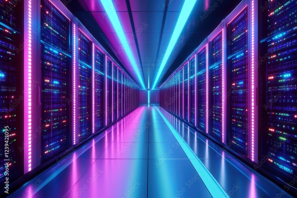 A futuristic data center with rows of glowing servers stretches into the distance