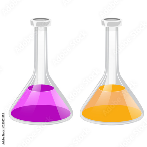 two flasks with purple and orange liquid without background