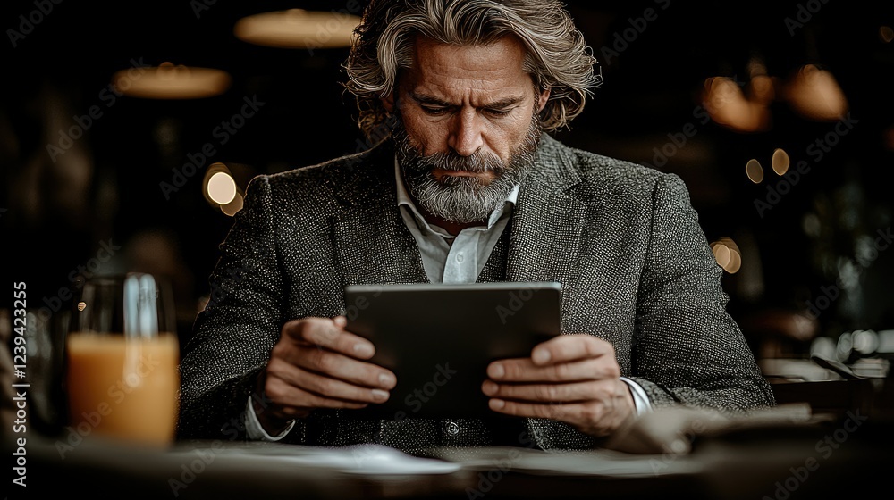Mature Man Using Tablet in Restaurant Setting Mature Man Using Tablet in Restaurant Setting