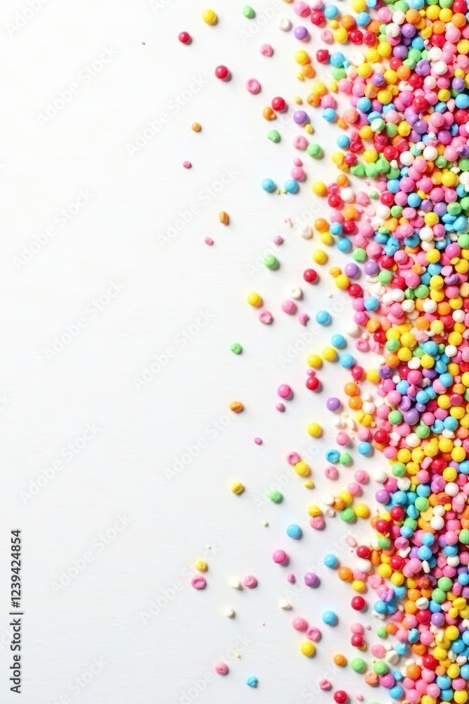Fototapeta premium Rainbow sprinkles scattered on white background, pastel, assorted sprinkles