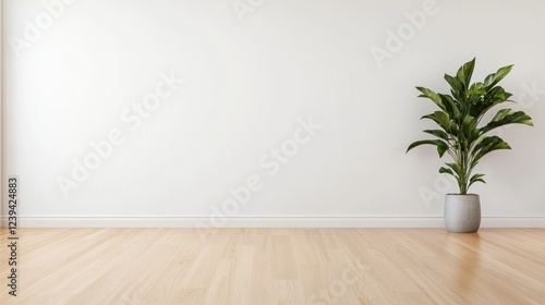 Minimalist room interior, plant, wooden floor, white wall, design mockup