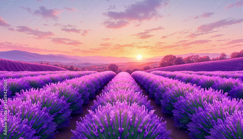 Obraz premium Lavender fields blooming at sunset