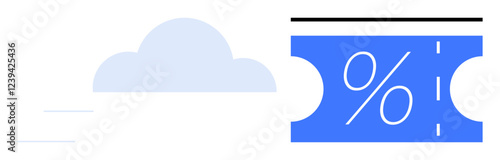 Blue cloud next to a voucher with a percentage symbol, indicating discounts. Ideal for online promotions, digital marketing, cloud services, e-commerce, customer rewards, digital coupons, abstract