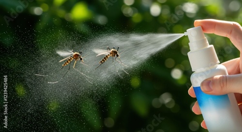 Hand spraying mosquito repellent outdoors with insects in flight