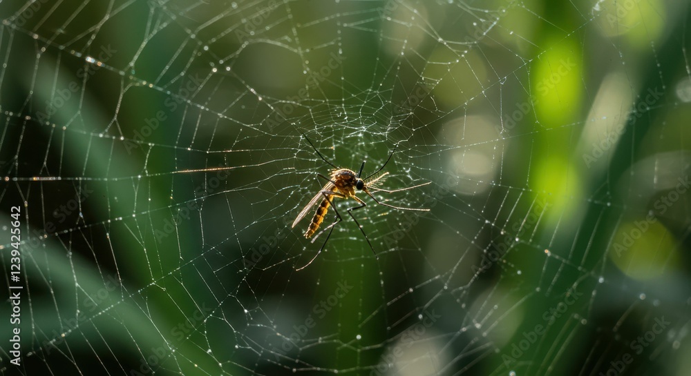 Close-up of a mosquito on a dewy spider web in a green garden Close-up of a mosquito on a dewy spider web in a green garden