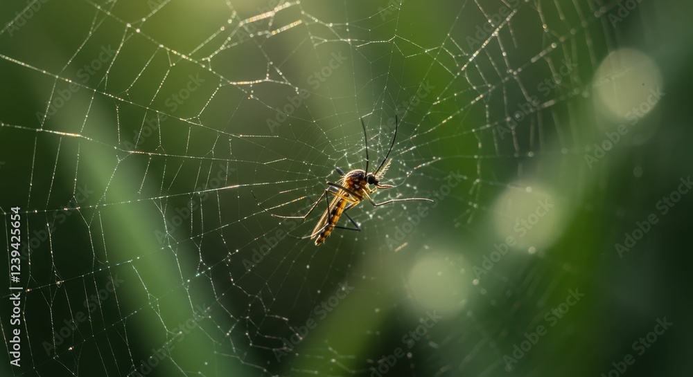 Spider on dew-covered web against blurred greenery background Spider on dew-covered web against blurred greenery background