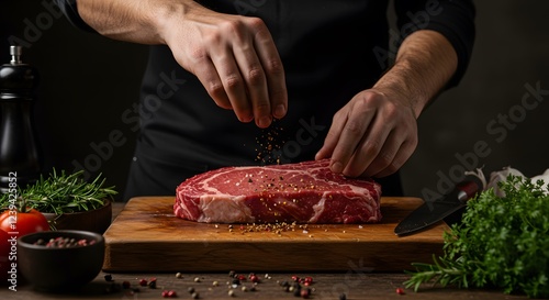 Seasoning Juicy Ribeye Steak on Wooden Board
