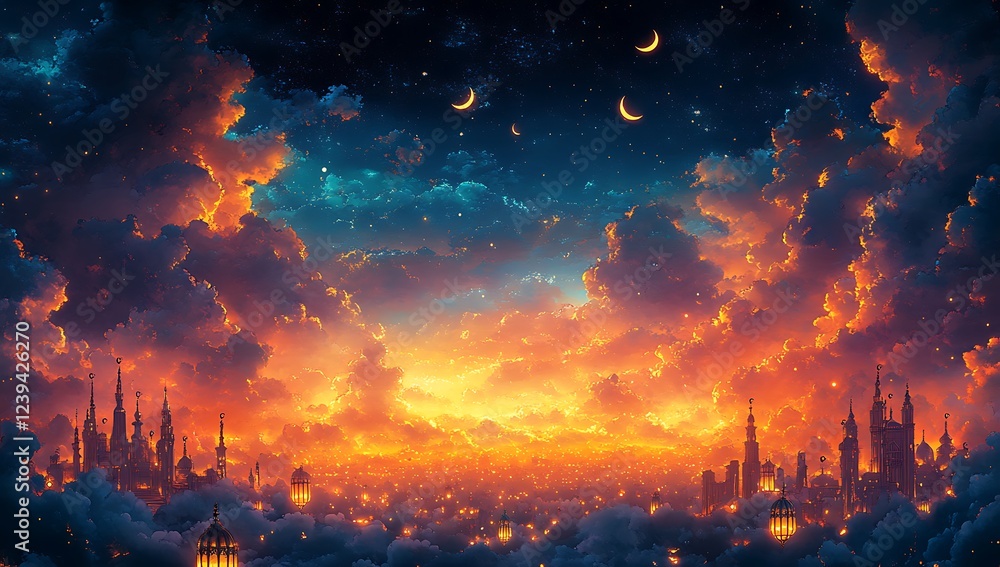 Vibrant Sunset with Dramatic Clouds and Three Crescent Moons Above City Skyline
Vibrant Sunset with Dramatic Clouds and Three Crescent Moons Above City Skyline