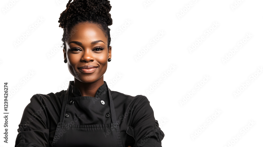 Obraz premium Professional Black Female Chef Smiling in Professional Attire Against White Background
