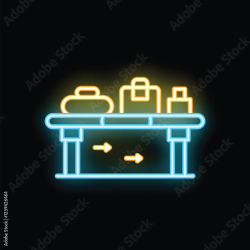 Neon glowing icon of baggage claim area with luggage on a conveyer belt and arrows indicating movement