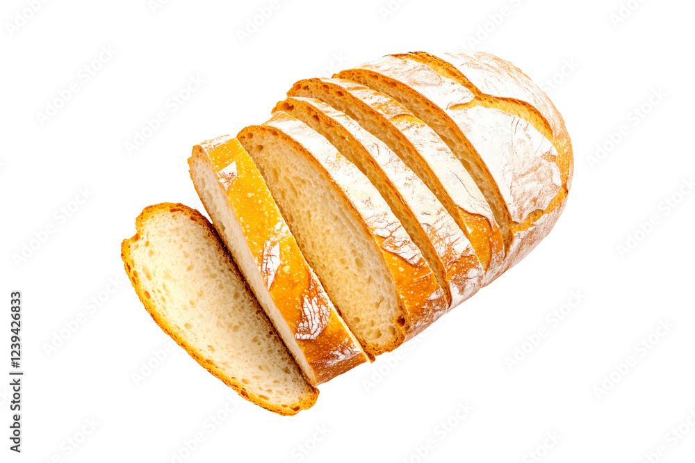 Sliced loaf of wheat bread showing its golden crust and soft interior, isolated on white transparent background. Sliced loaf of wheat bread showing its golden crust and soft interior, isolated on white transparent background.