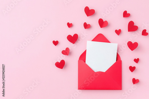 Saint Valentine day holiday background with envelope, paper card and various red hearts for love romantic message. Flat lay composition..