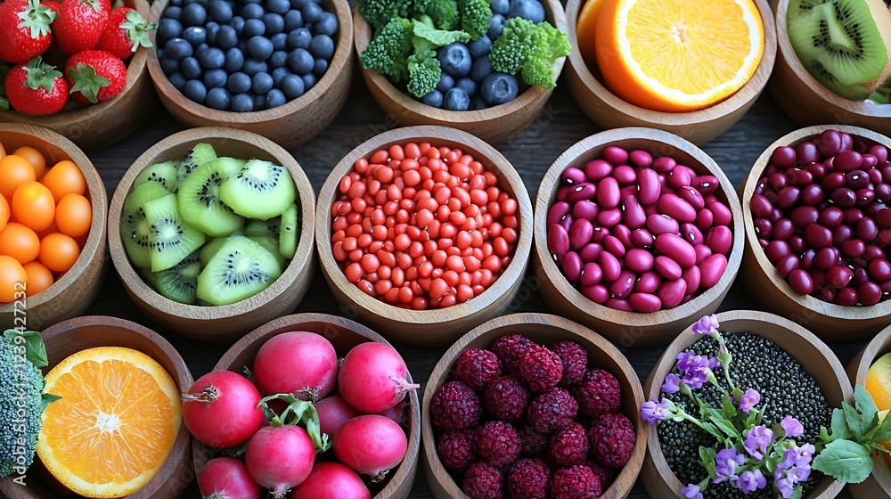 A vibrant array of colorful fruits, vegetables, and legumes is displayed in wooden bowls A vibrant array of colorful fruits, vegetables, and legumes is displayed in wooden bowls