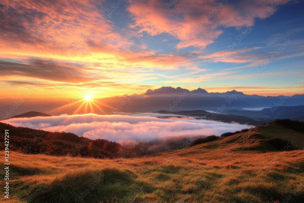 Obraz premium During the serene golden hour, the misty mountain landscape transforms into a captivating sunset scene