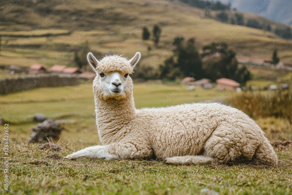 Fototapeta premium Lama vicugna relaxes on a farm its soft wool comes from Peru s national animal