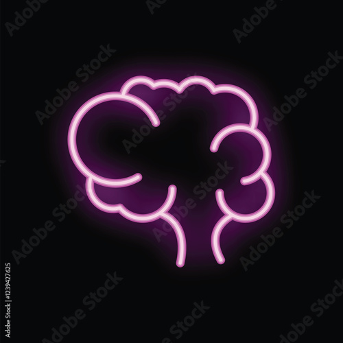Neon pink brain is glowing on a black background