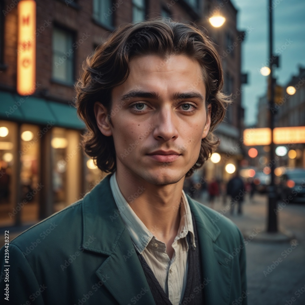 Obraz premium Young Man in Green Jacket Against Urban Twilight Backdrop