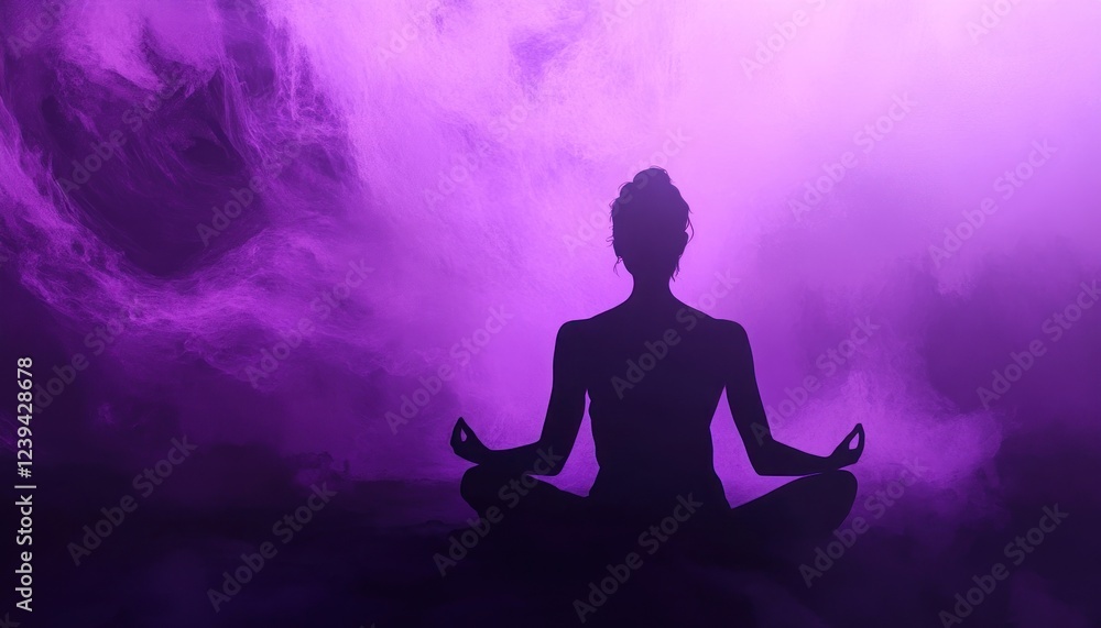 Serene Silhouette: A Woman Meditates in a Purple Haze Serene Silhouette: A Woman Meditates in a Purple Haze