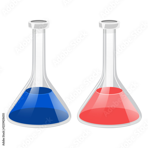 two flasks with red and blue liquid without background