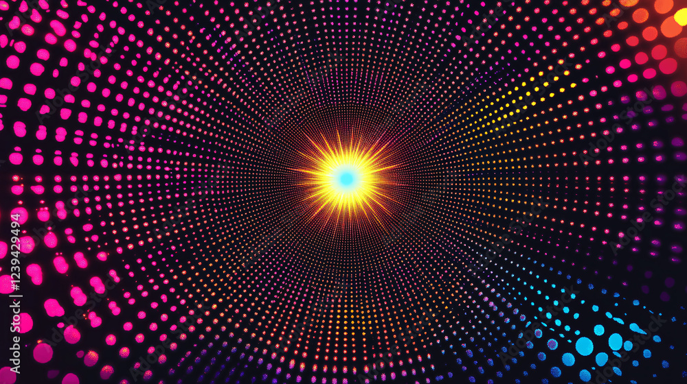 Obraz premium Abstract neon mosaic pattern radiating against a pitch-black background.