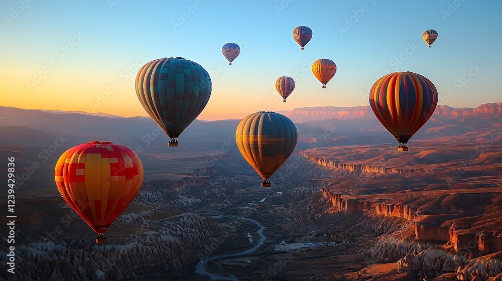 Obraz premium Colorful Hot Air Balloons Soaring Over Scenic Canyon at Sunrise