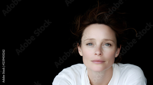 Thoughtful Middle-aged Woman in White Portrait on Black Background