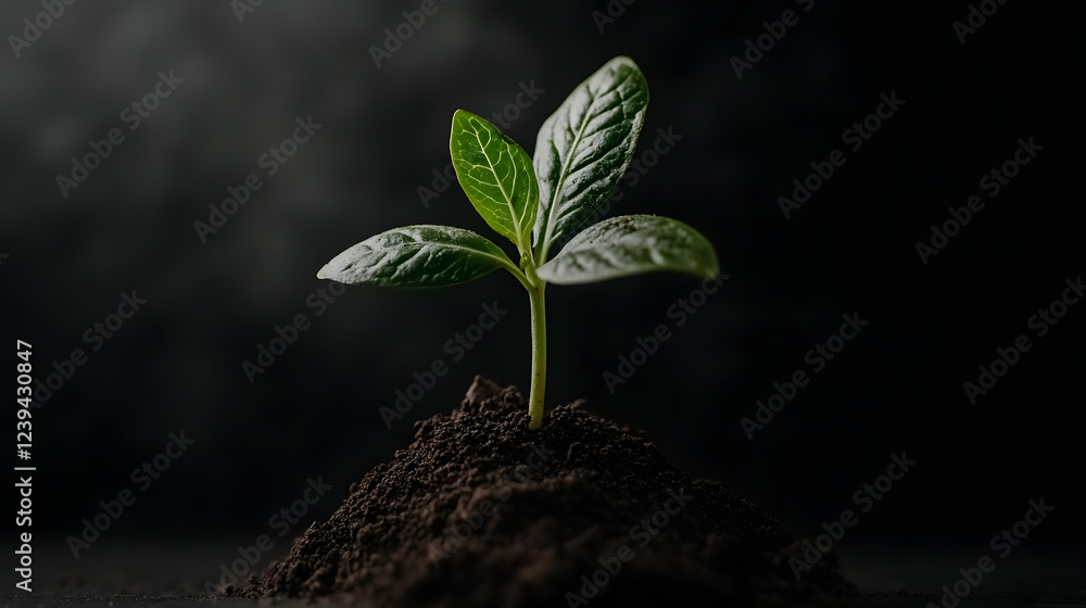 Naklejka premium Tiny Green Sprout Emerging from Rich Dark Soil Against Blurred Background