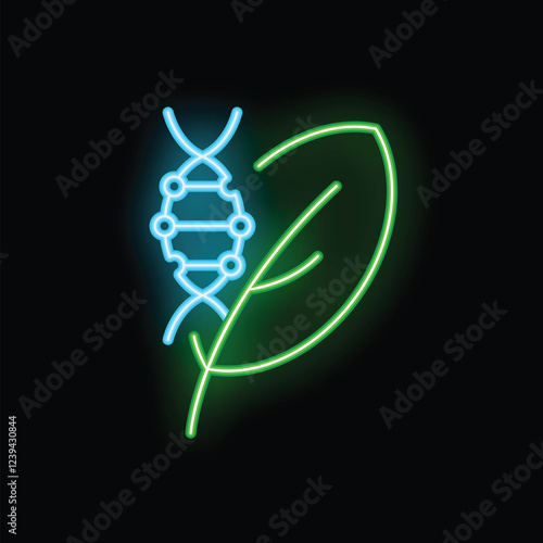 Neon sign icon of a dna strand merging with a plant leaf, representing genetic engineering in agriculture