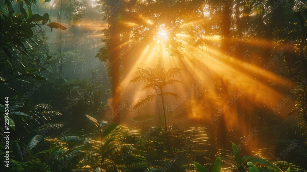 Obraz premium Golden rays of sunlight filtering through a dense forest, casting a warm glow on the foliage and the ground below