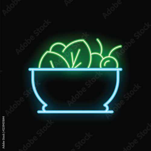 Neon sign of a green and blue salad bowl with lettuce and tomatoes on a black background