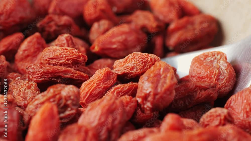 Dried goji berries in bowl and spoon on wooden table, closeup. Space for text Dried goji berries in bowl and spoon on wooden table, closeup. Space for text