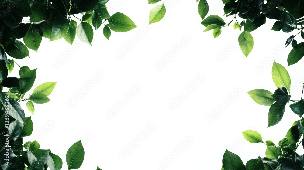 Fototapeta premium Lush green leaves frame bright background creating serene nature inspired atmosphere. Generative AI
