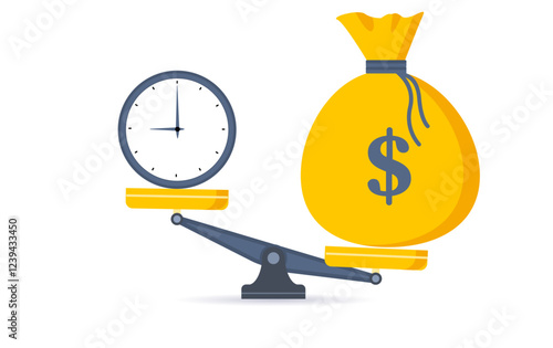 Time is money. Clock and dollar bag a balance scale. Financial concept .Time value of money asset growth over time depicts investment in long-term equity. Vector