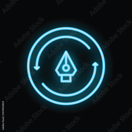 Neon sign of a nib pen tool inside a circle with two arrows symbolizing the content creation process