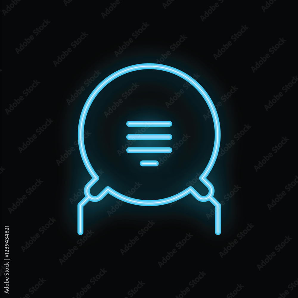 Blue neon speech bubble showing three horizontal lines, glowing on a black background Blue neon speech bubble showing three horizontal lines, glowing on a black background