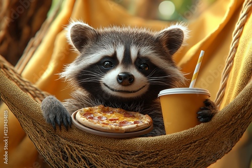 Raccoon Relaxing in Hammock with Pizza and Drink photo