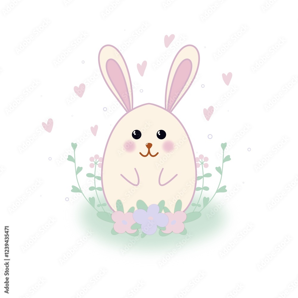 Adorable bunny-shaped egg surrounded by pastel flowers and heart details on a white background Adorable bunny-shaped egg surrounded by pastel flowers and heart details on a white background