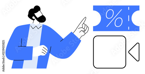 Man pointing at discount coupon symbol and a video play button, suggesting promotional video or online marketing. Ideal for promotions, discounts, sales, marketing, online shopping, advertisements