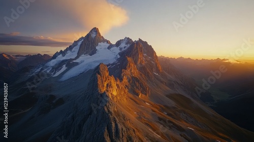 Stunning mountain landscape at sunset with golden light casting shadows on rugged peaks photo