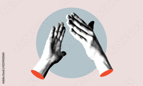 Halftone high five hands gesture. Modern collage. Handshake. Successful agreement. Shaking hands. Applause. Body parts cut out of newspaper. Making a deal with each other