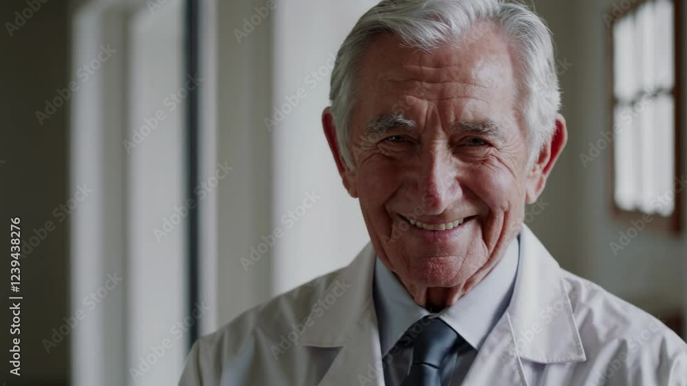 Senior caucasian medical professional in white coat showing warm genuine smile. Experienced doctor with friendly expression in hospital corridor. Healthcare and medicine concept Senior caucasian medical professional in white coat showing warm genuine smile. Experienced doctor with friendly expression in hospital corridor. Healthcare and medicine concept
