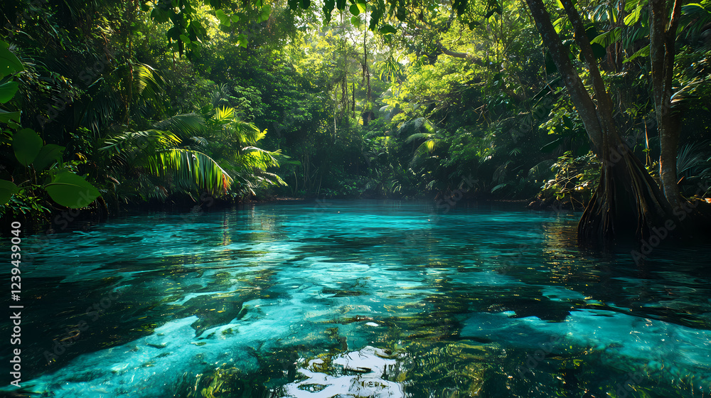 Naklejka premium Serene jungle landscape with clear blue water. Biological Influence. Illustration