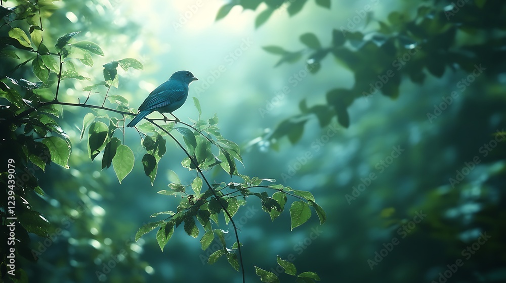 Obraz premium Bluebird Perched on Branch Amidst Lush Green Foliage