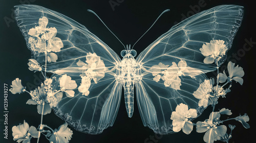An artistic X-ray of a butterfly, capturing the delicate structure of its wings and body, surrounded by ethereal floral designs that enhance its beauty.