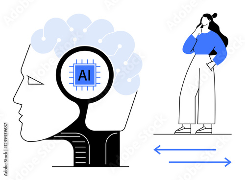 Profile of a human head with AI microchip inside, connected nodes. Thinking woman stands aside with arrows. Ideal for AI, technology, human-machine interface, cognition, innovation, decision-making