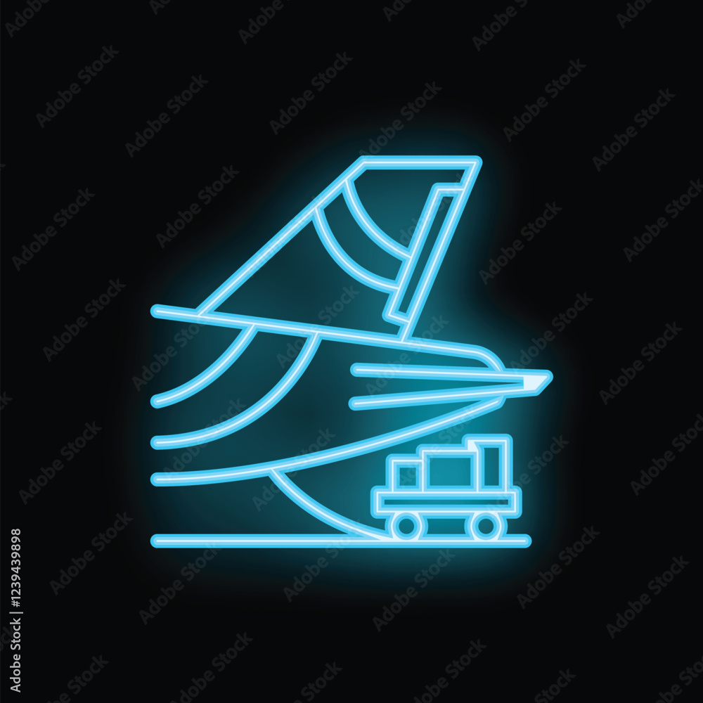 Blue neon icon of an airplane being loaded with a luggage cart at the airport Blue neon icon of an airplane being loaded with a luggage cart at the airport